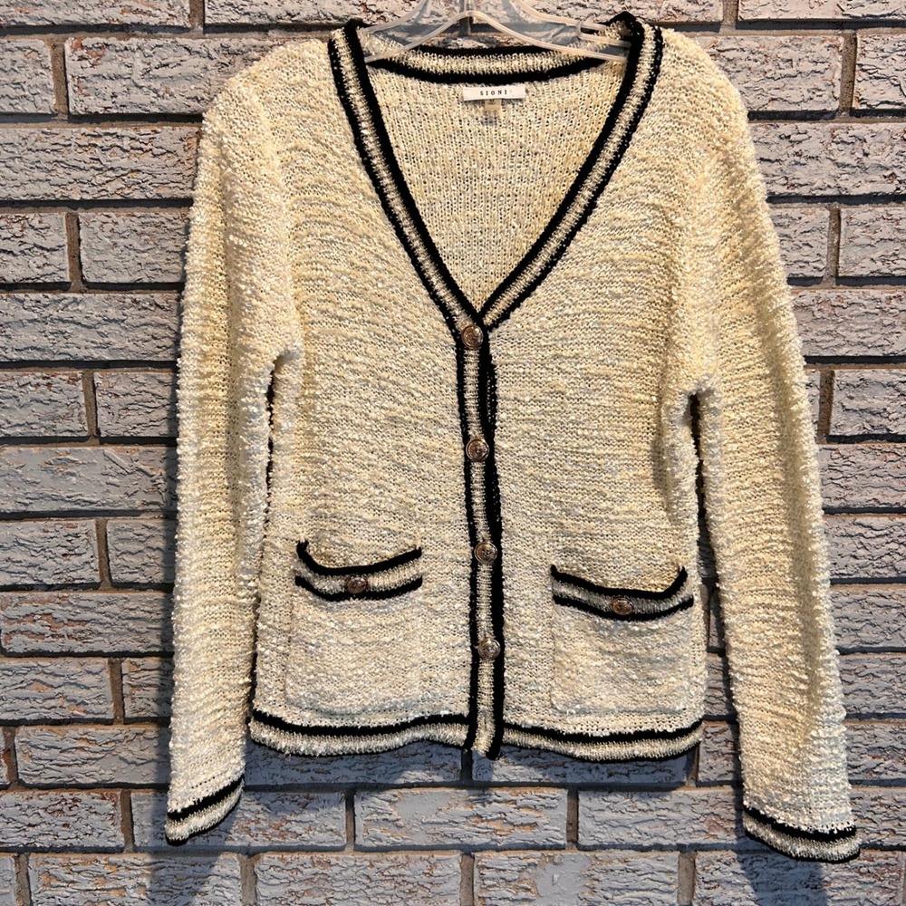 Sioni Ivory Boucle Knit Sequin Cardigan Metallic Trim Black Accent Size Medium
